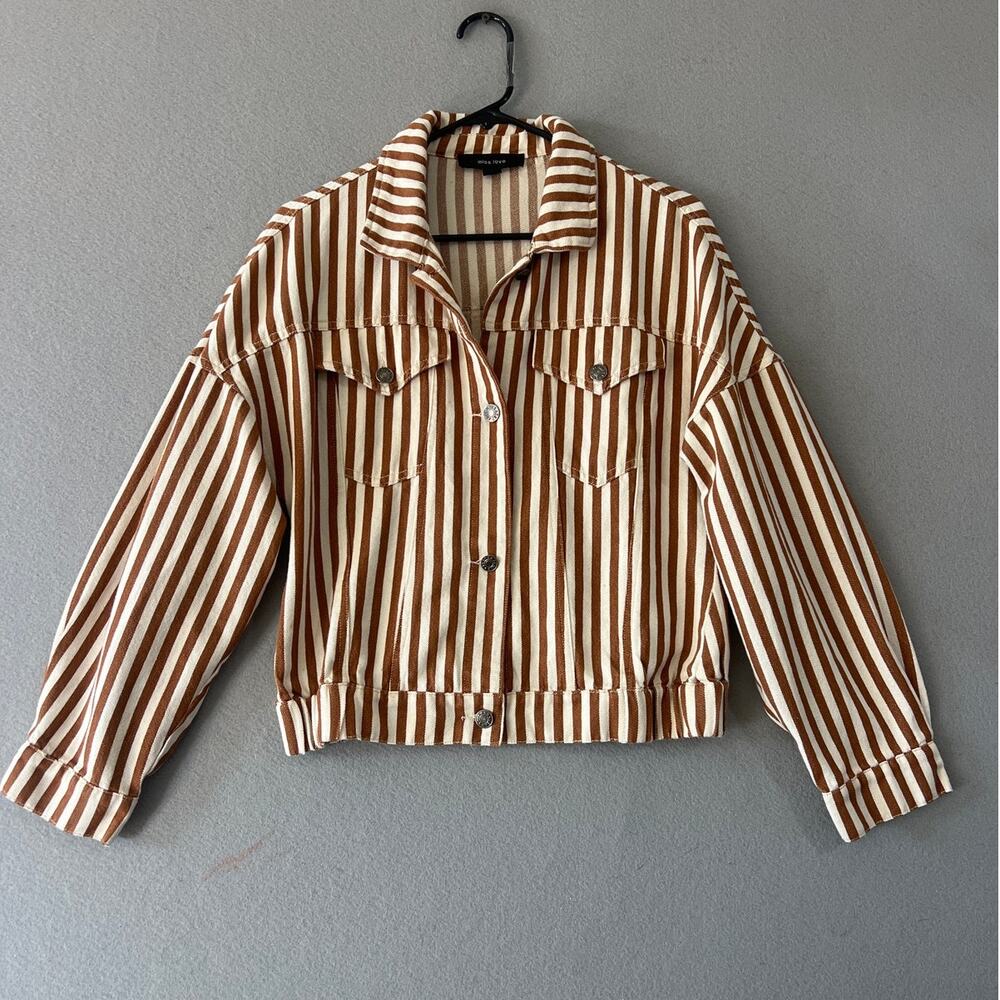 Miss Love Jacket Women's Medium Cream Brown Stripe Button Cropped Boho